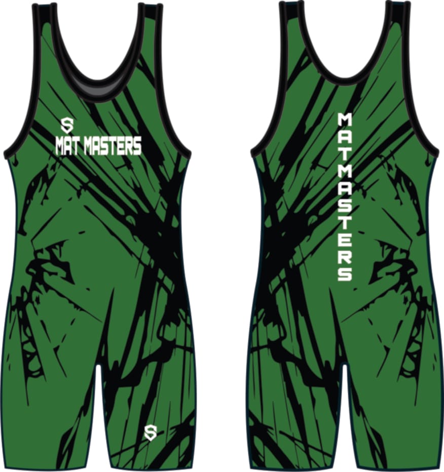 Wrestlers wearing vibrant sublimated wrestling uniforms during a match on the mab